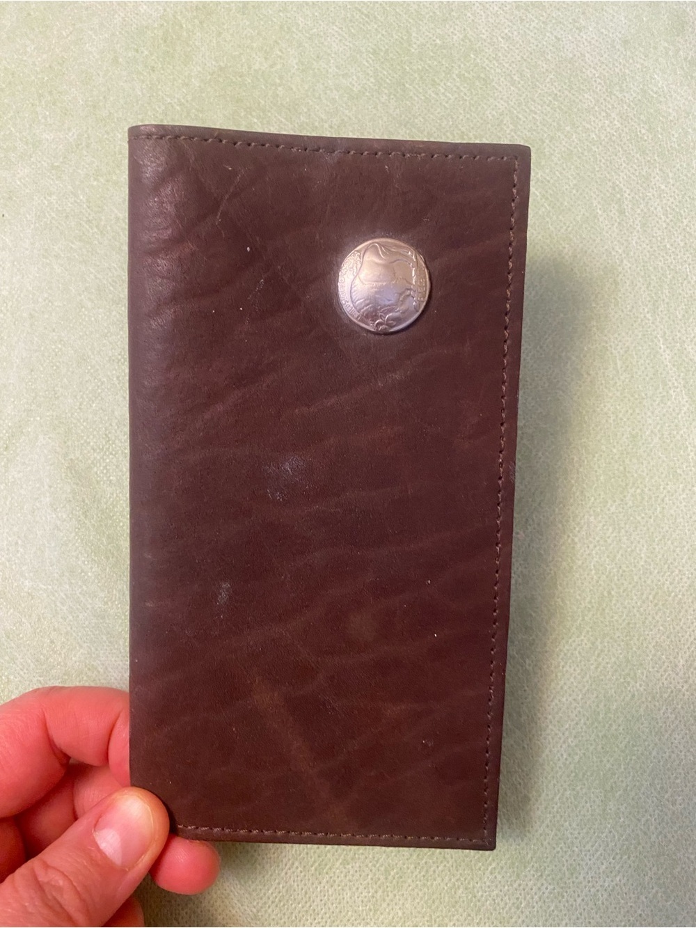 Brown Leather Men's Long Bifold Wallet with Coin Accent. Vintage